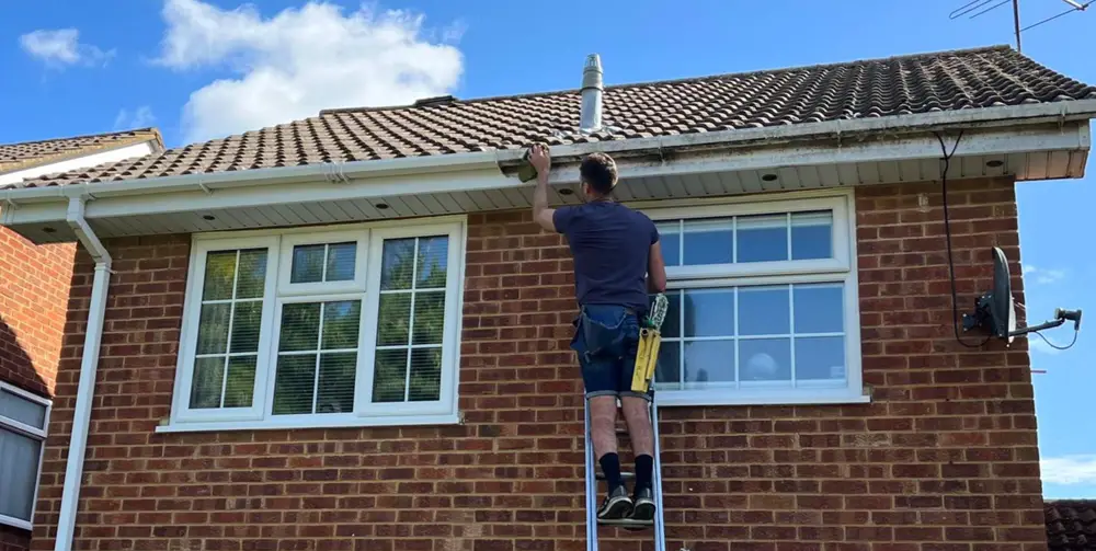 Cleaning the fascia and gutter of a brick house from a ladder